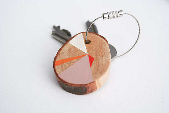 Hand Crafted Wooden Key Chain Pink and Orange