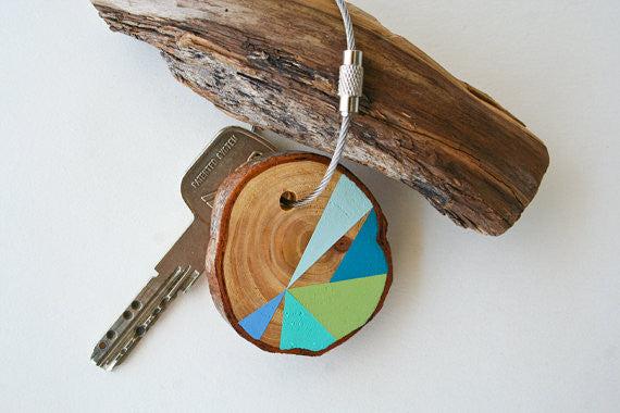 Hand Crafted Wooden Key Chain Blue and Green
