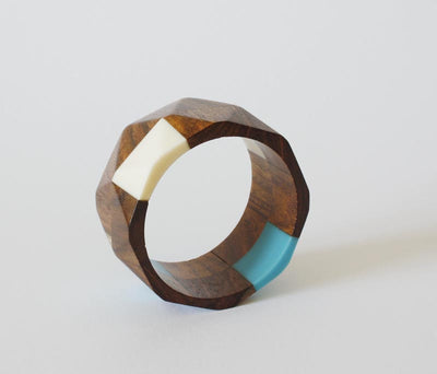 Vintage White and Blue Lucited Wooden Bangle